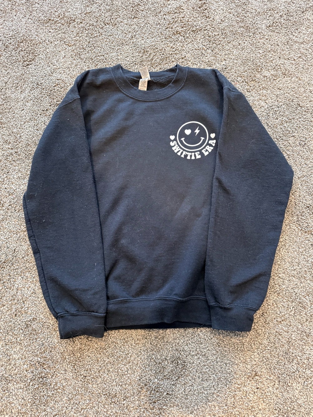 Women’s Size S Black Crewneck Sweatshirt with White 'Shiftie Era' Smiley Graphic
